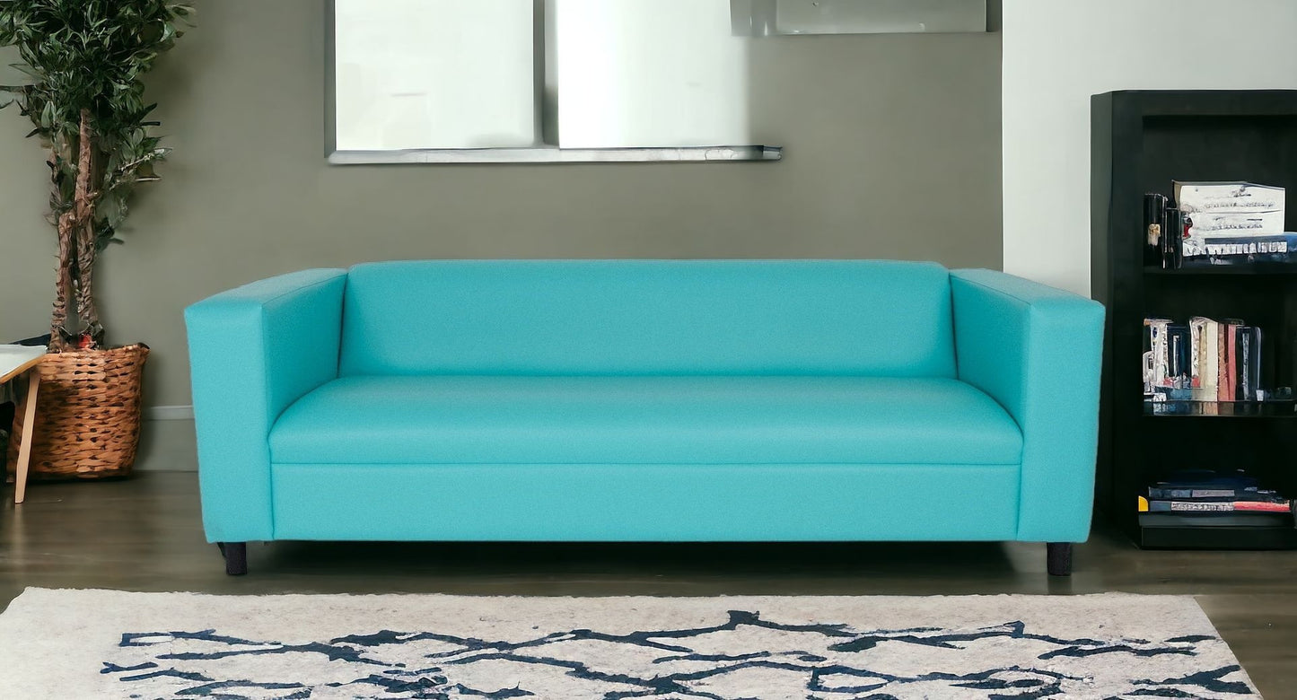 84" Teal Blue Faux Leather And Black Sofa