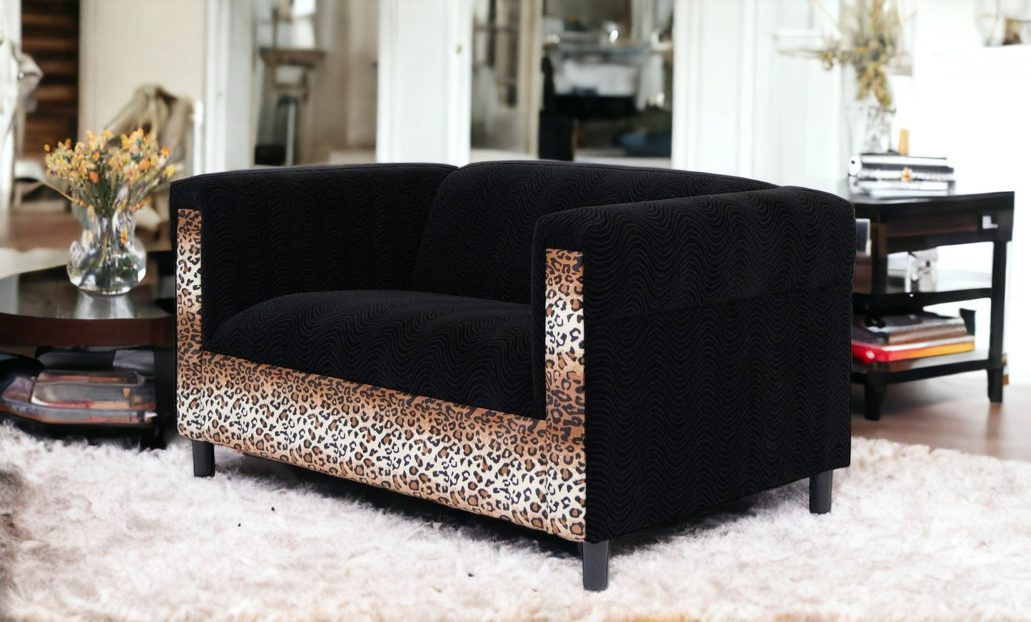 72" Black and  Leopard Velvet Love Seat