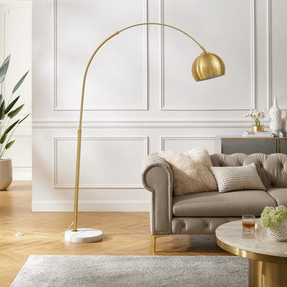 76" Brass Arched Floor Lamp With Black Dome Shade