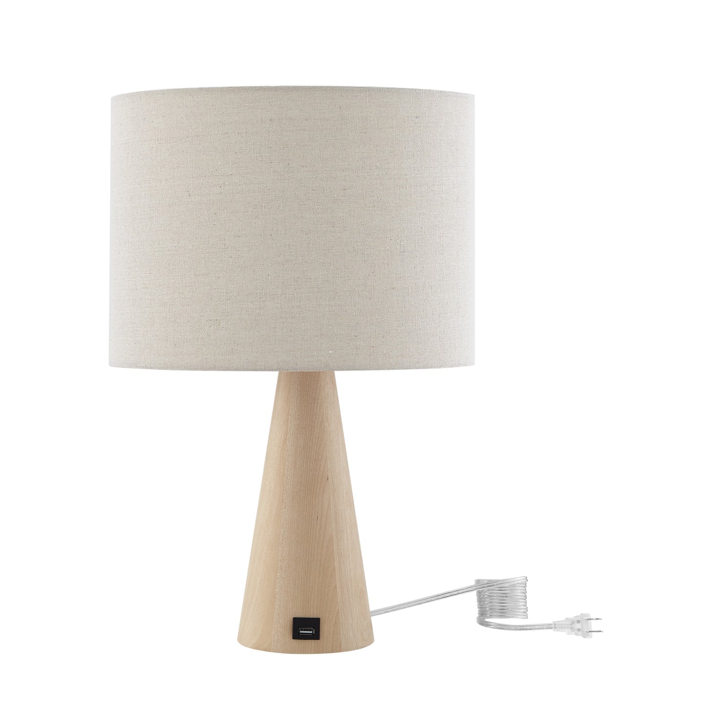 20" Beige Solid Wood USB Table Lamp With Beige Drum Shade