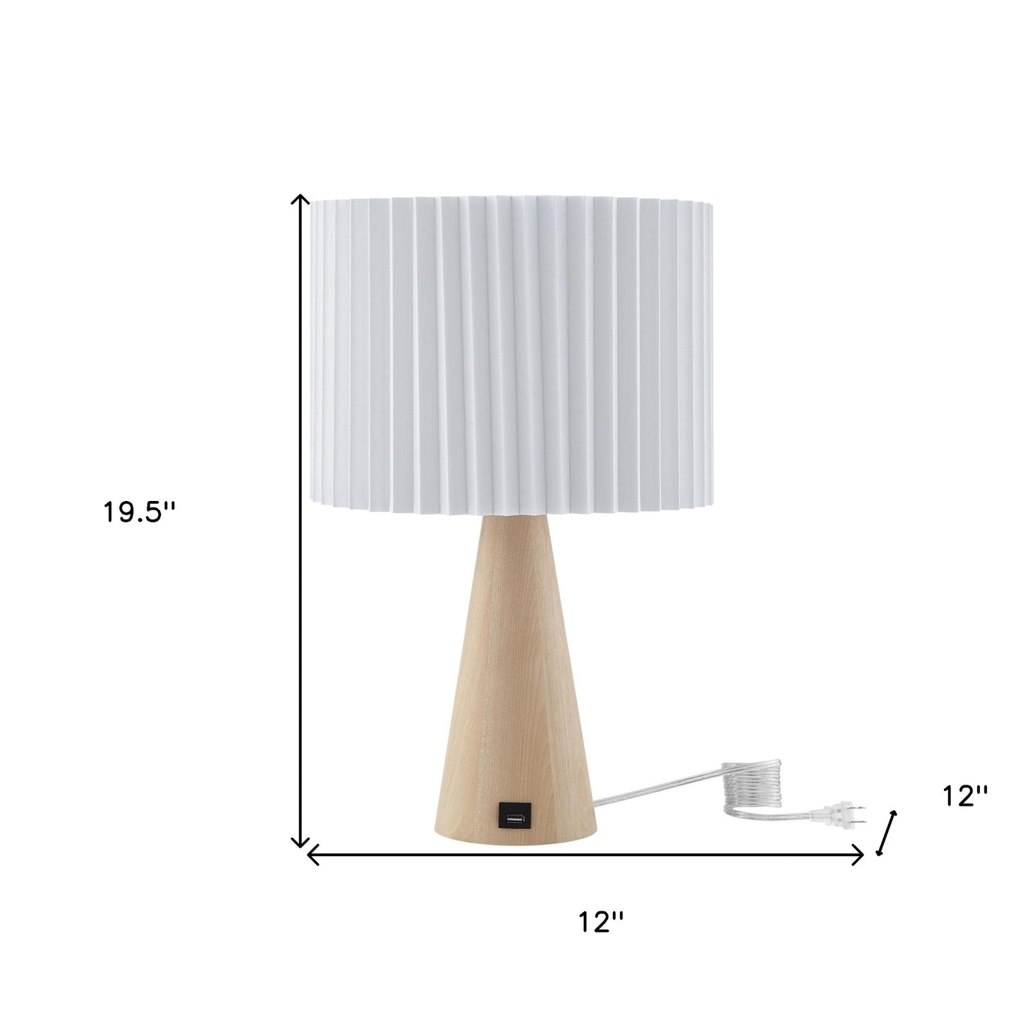 20" Beige Solid Wood USB Table Lamp With Beige Drum Shade