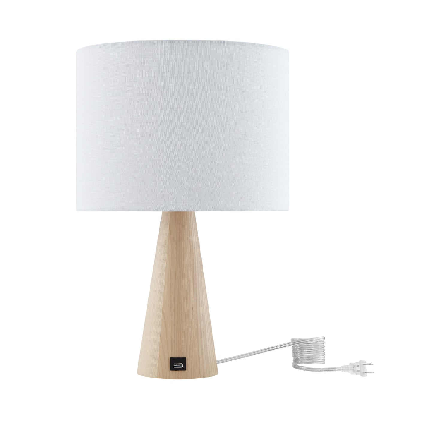 20" Beige Solid Wood USB Table Lamp With Beige Drum Shade