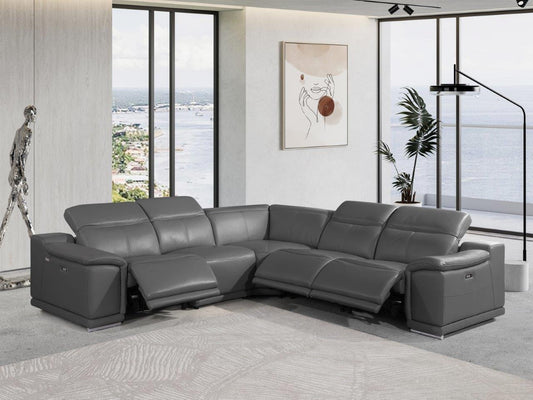 Gray Italian Leather Power Reclining U Shaped Five Piece Corner Sectional With Console