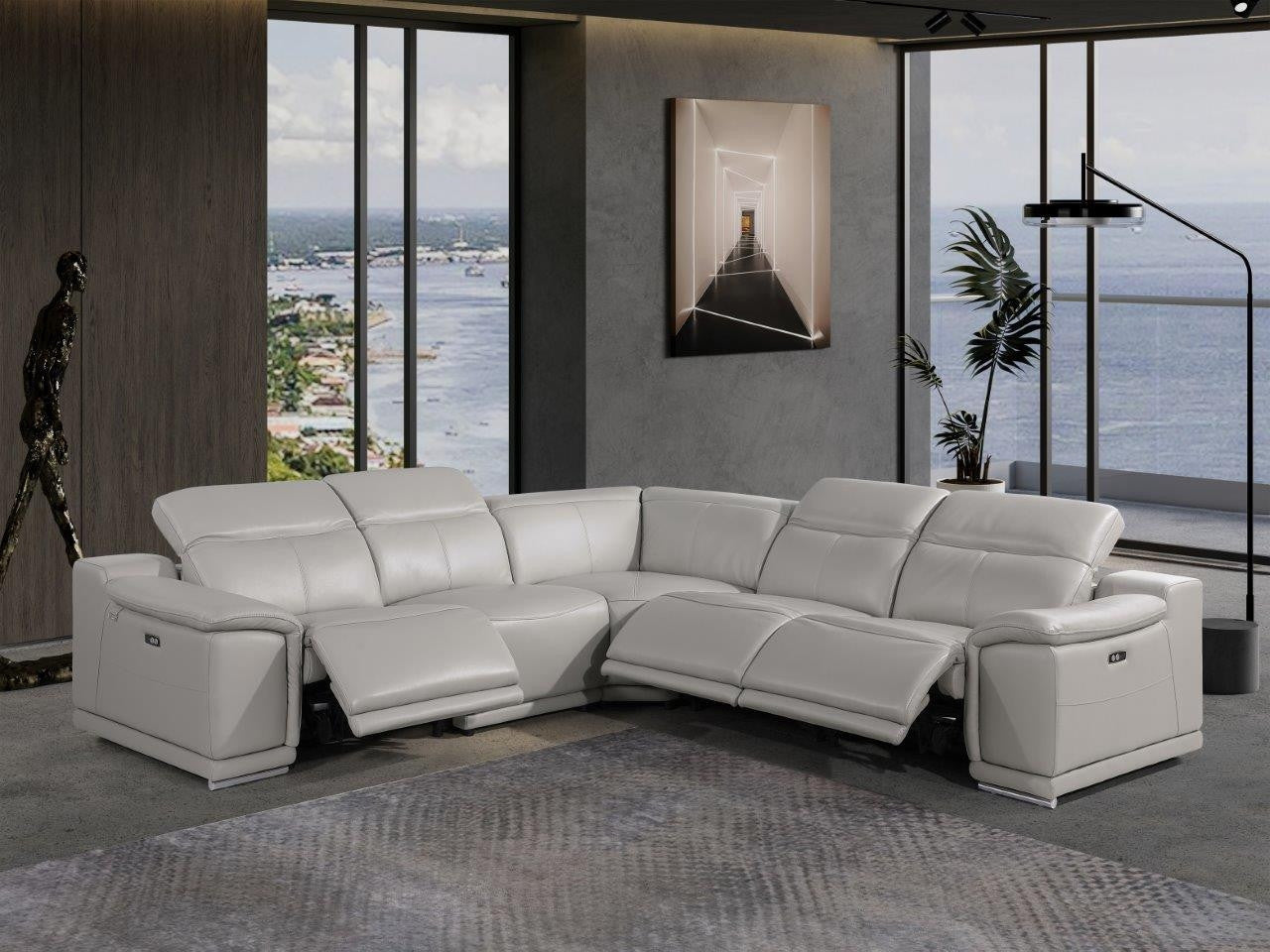 Light Gray Italian Leather Power Reclining U Shaped Five Piece Corner Sectional With Console
