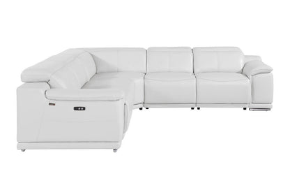 White Italian Leather Power Reclining U Shaped Five Piece Corner Sectional With Console