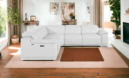 White Italian Leather Power Reclining U Shaped Five Piece Corner Sectional With Console