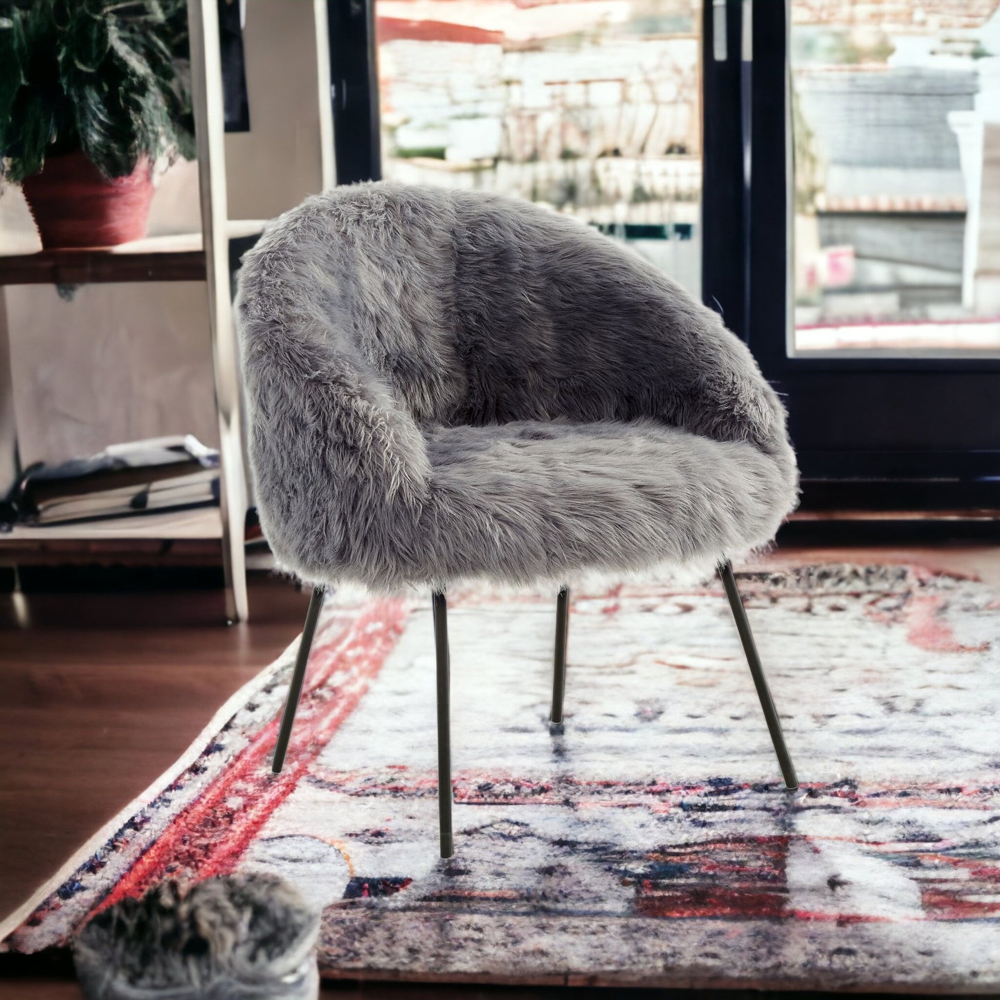 28" Gray And Black Faux Fur Arm Chair