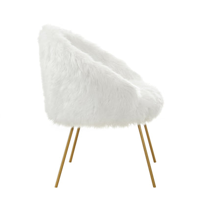 28" White And Gold Faux Fur Arm Chair
