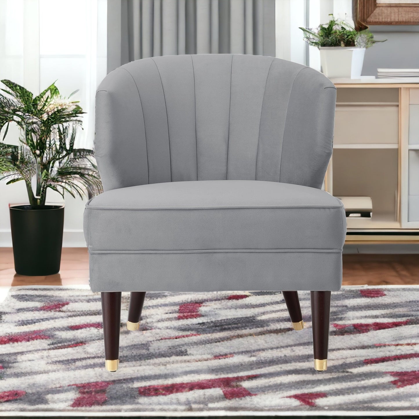 27" Gray And Gold Velvet Tufted Wingback Chair