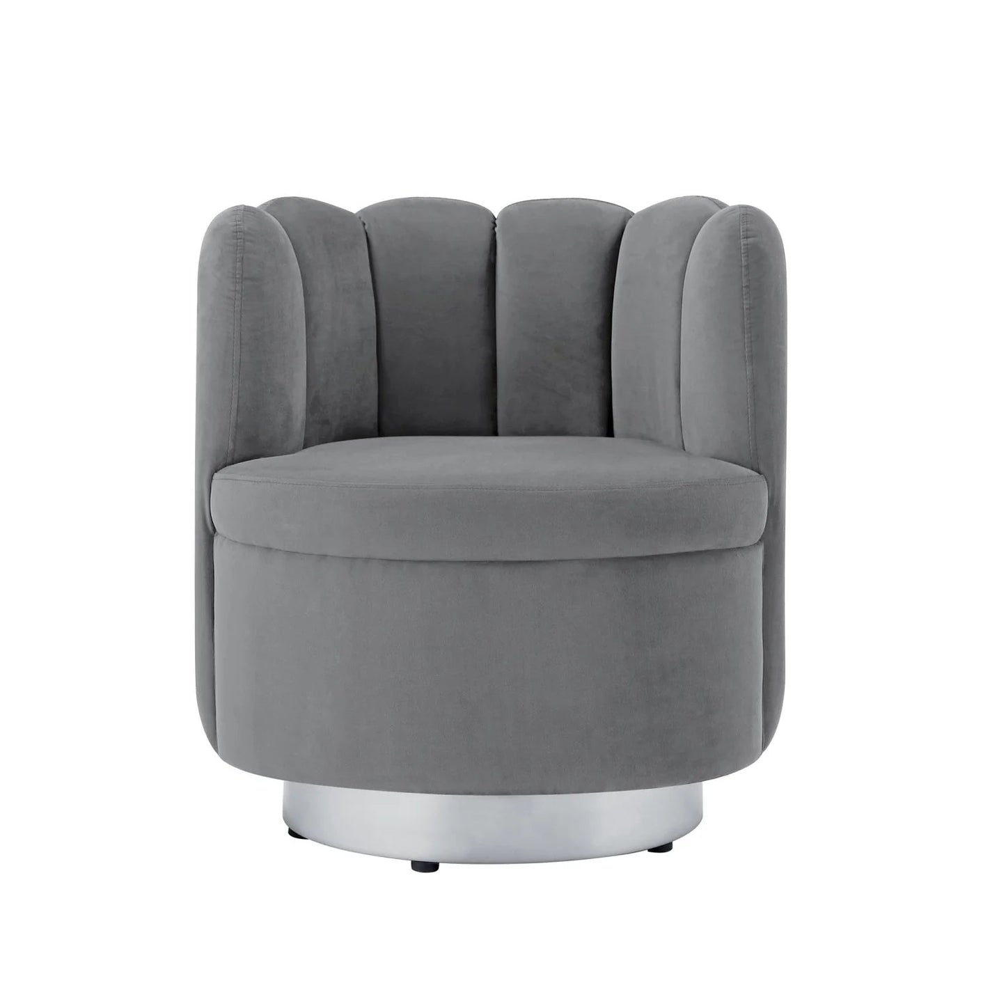 27" Light Gray And Silver Velvet Tufted Swivel Barrel Chair