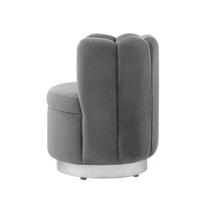 27" Light Gray And Silver Velvet Tufted Swivel Barrel Chair