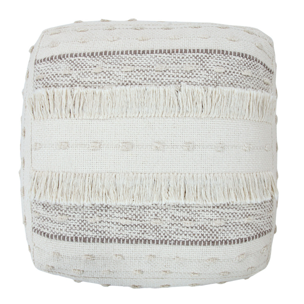 18" Cream Cotton Striped Pouf Ottoman