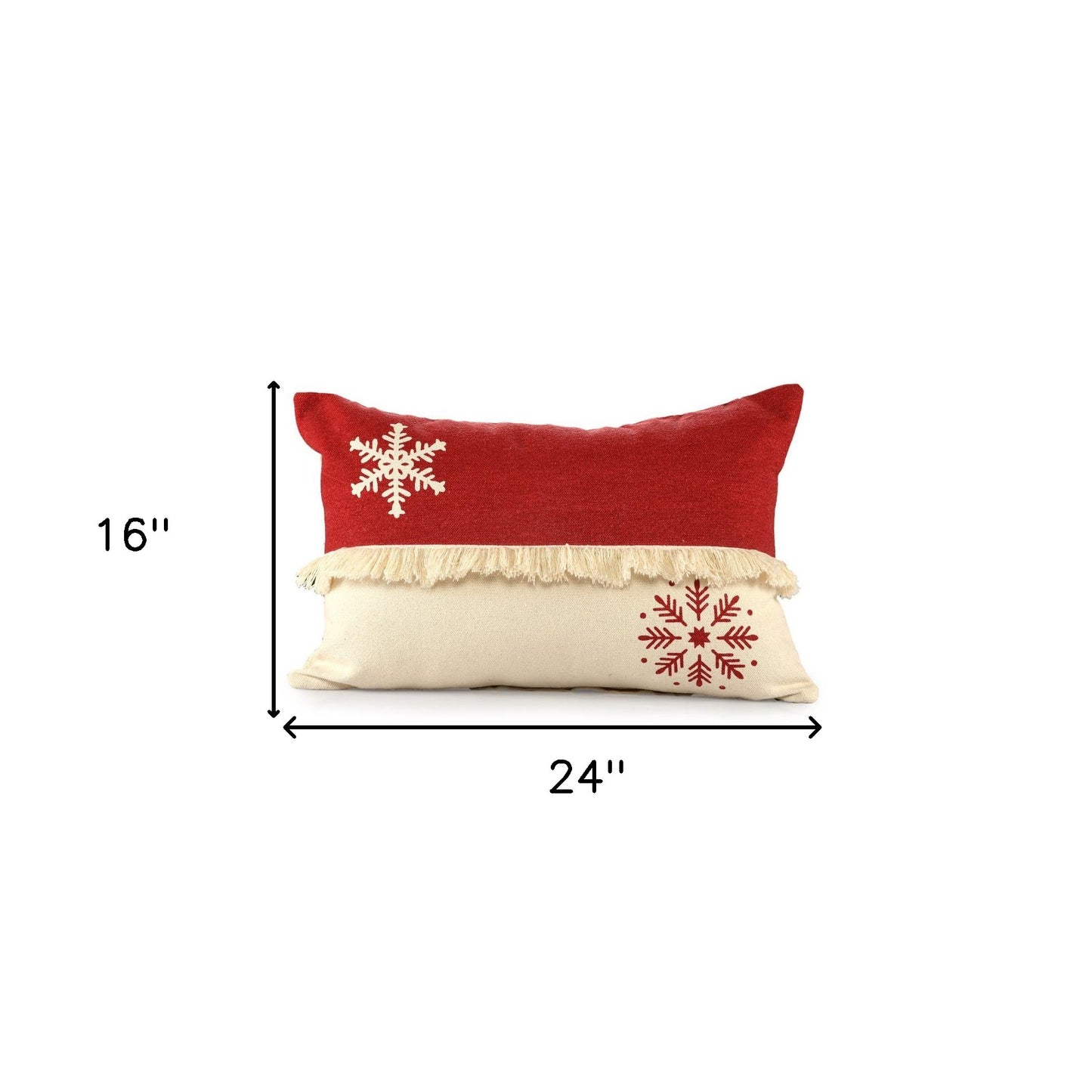 16" X 24" Red Christmas Snowflakes Cotton Abstract Zippered Pillow With Fringe