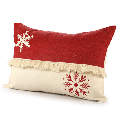 16" X 24" Red Christmas Snowflakes Cotton Abstract Zippered Pillow With Fringe