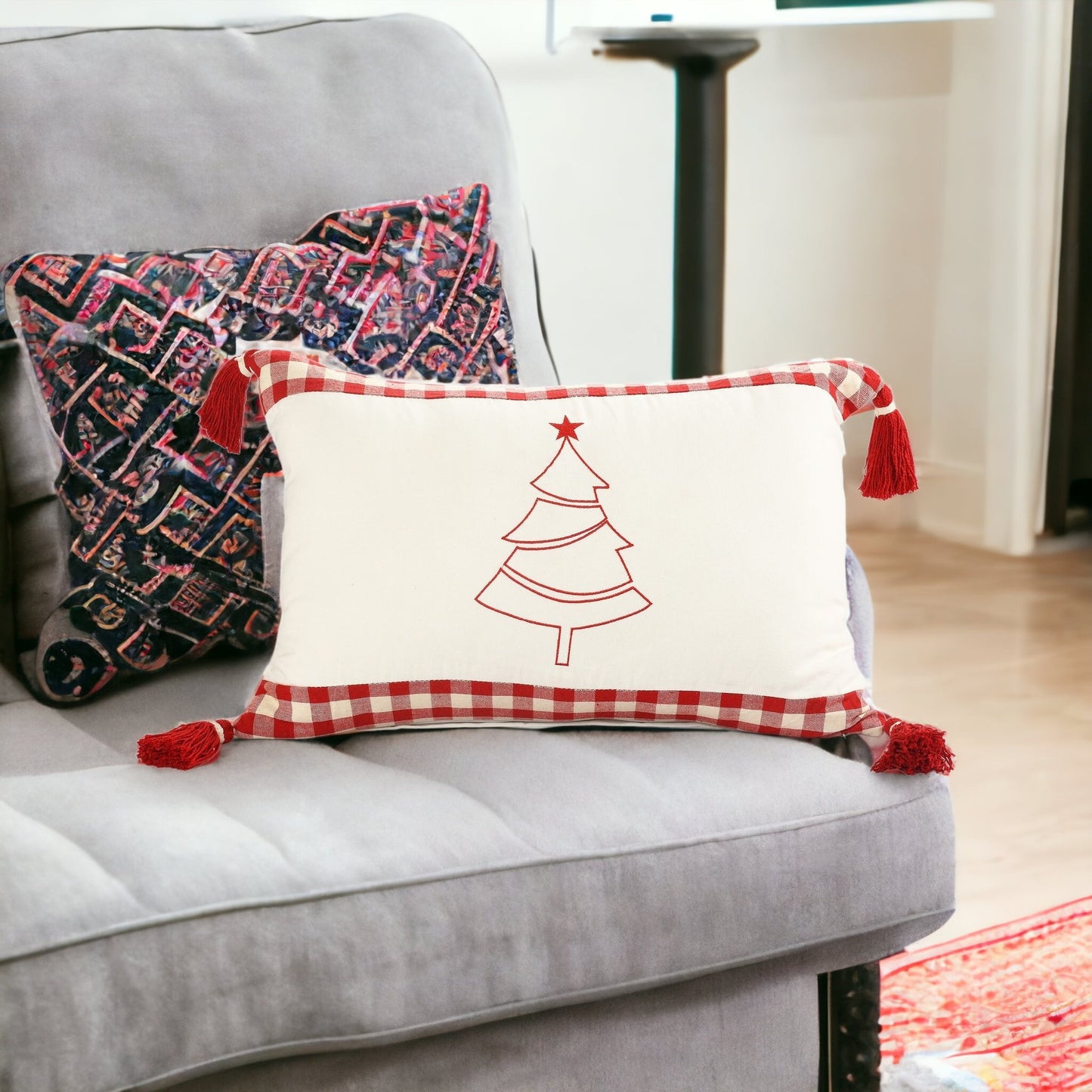 16" X 24" Red and White Christmas Tree Cotton Zippered Pillow With Tassels
