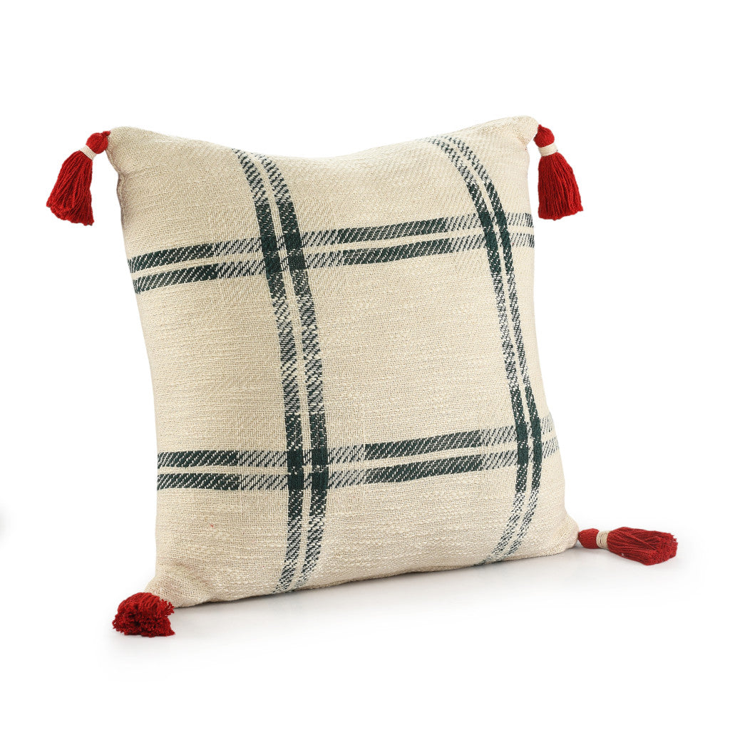 20" X 20" Ivory and Green Christmas Plaid Cotton Zippered Pillow With Tassels