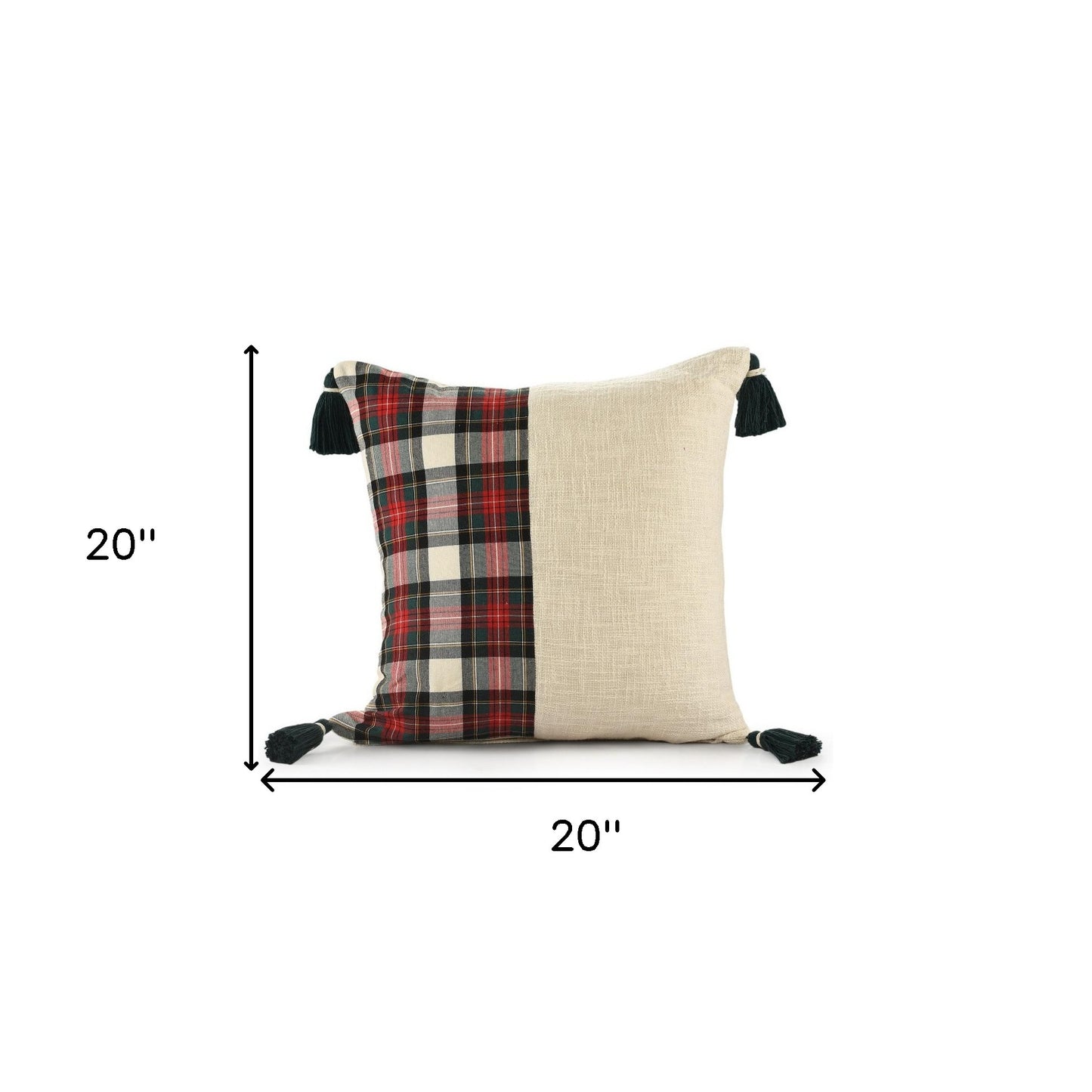 20" X 20" Ivory and Red Christmas Plaid Cotton Zippered Pillow With Tassels