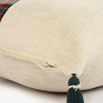 20" X 20" Ivory and Red Christmas Plaid Cotton Zippered Pillow With Tassels