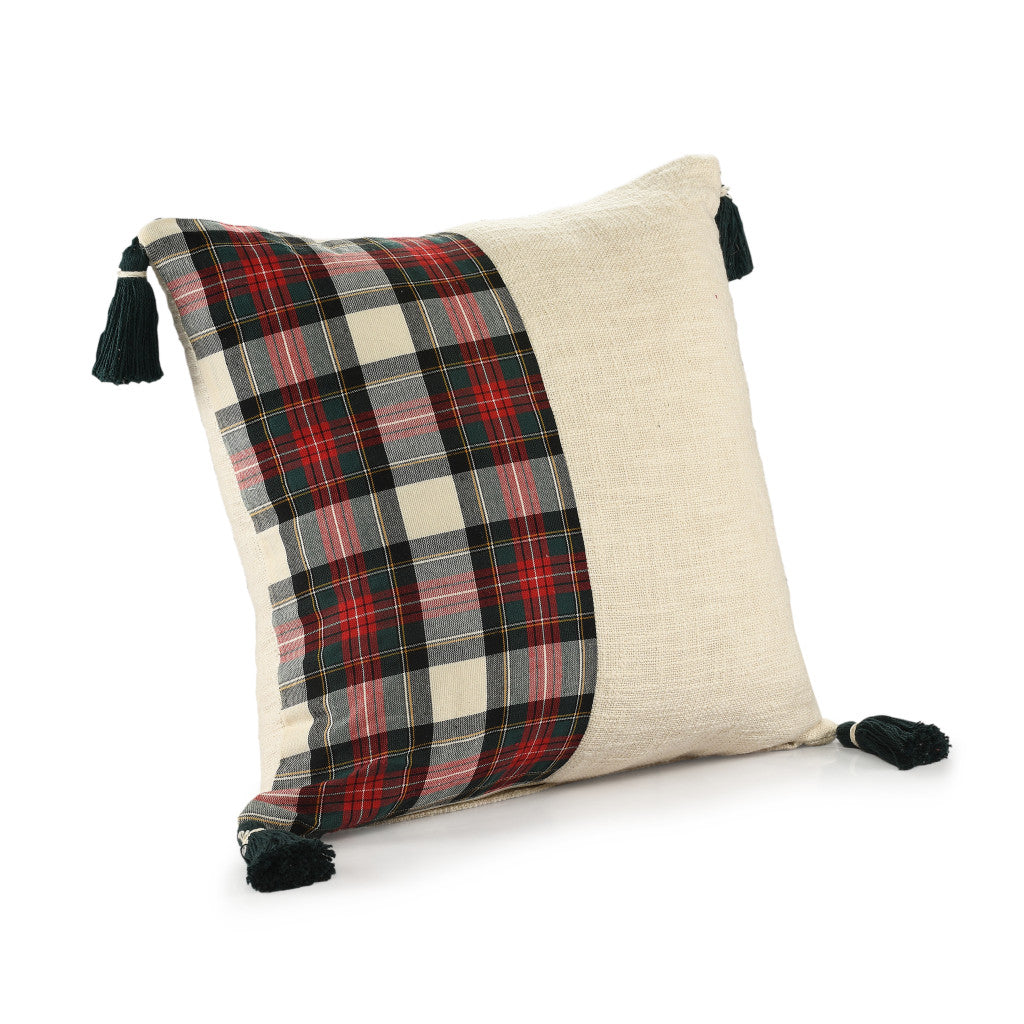 20" X 20" Ivory and Red Christmas Plaid Cotton Zippered Pillow With Tassels