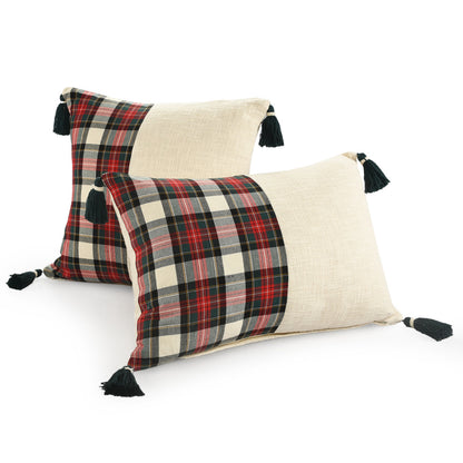 20" X 20" Ivory and Red Christmas Plaid Cotton Zippered Pillow With Tassels