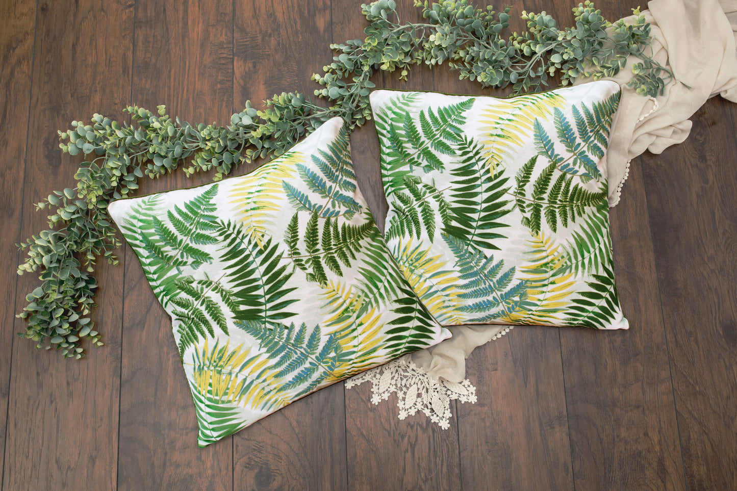 Set of Two 20" X 20" Green and Yellow Botanical Polyester Zippered Pillow