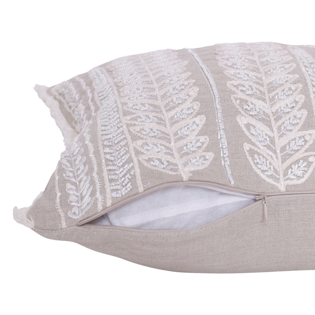 16" X 24" Natural and Ivory Floral Linen Zippered Pillow With Embroidery