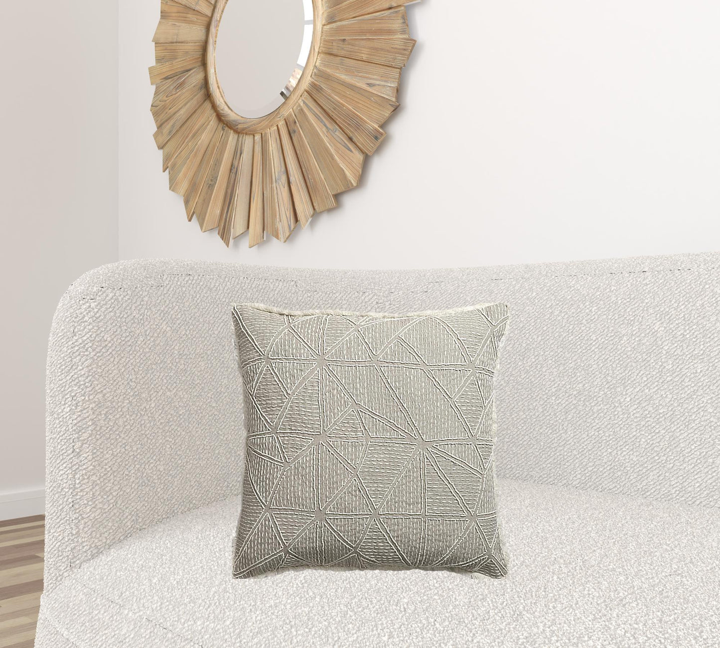 20" X 20" Beige and Ivory Geometric Linen Zippered Pillow With Embroidery, Fringe