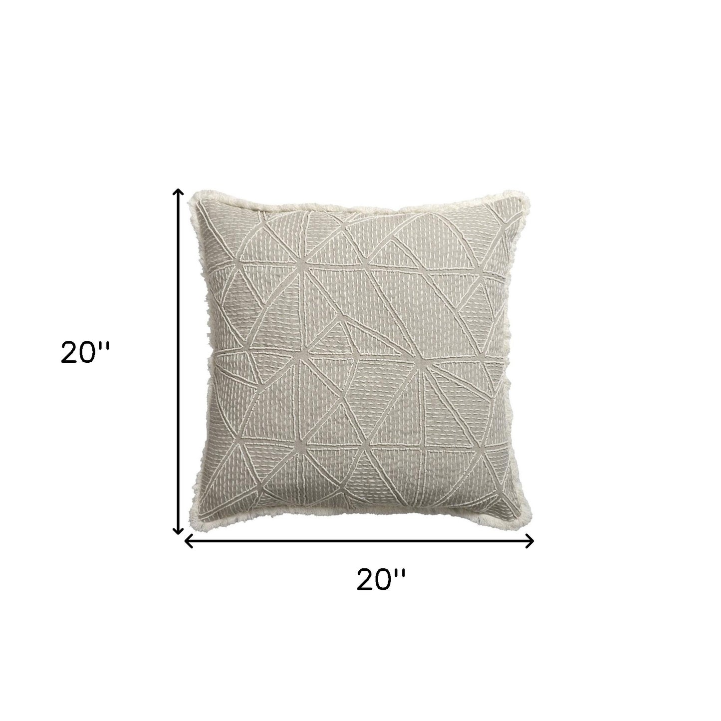 20" X 20" Beige and Ivory Geometric Linen Zippered Pillow With Embroidery, Fringe