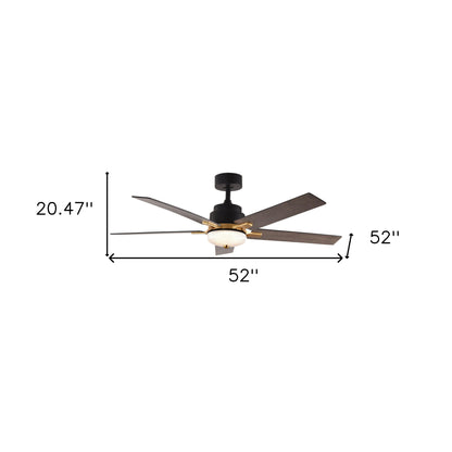 52" Black and Gold And Dark Brown Propeller Five Blade Dimmable Remote Control Integrated Light Ceiling Fan