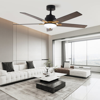52" Black and Gold And Dark Brown Propeller Five Blade Dimmable Remote Control Integrated Light Ceiling Fan