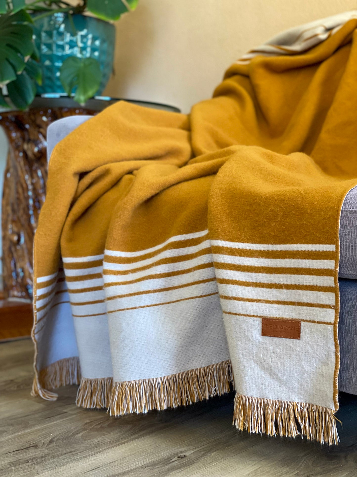 Gold and Ivory Woven Microfiber Striped Throw Blanket with Fringe