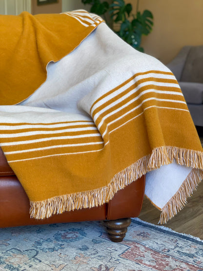 Gold and Ivory Woven Microfiber Striped Throw Blanket with Fringe