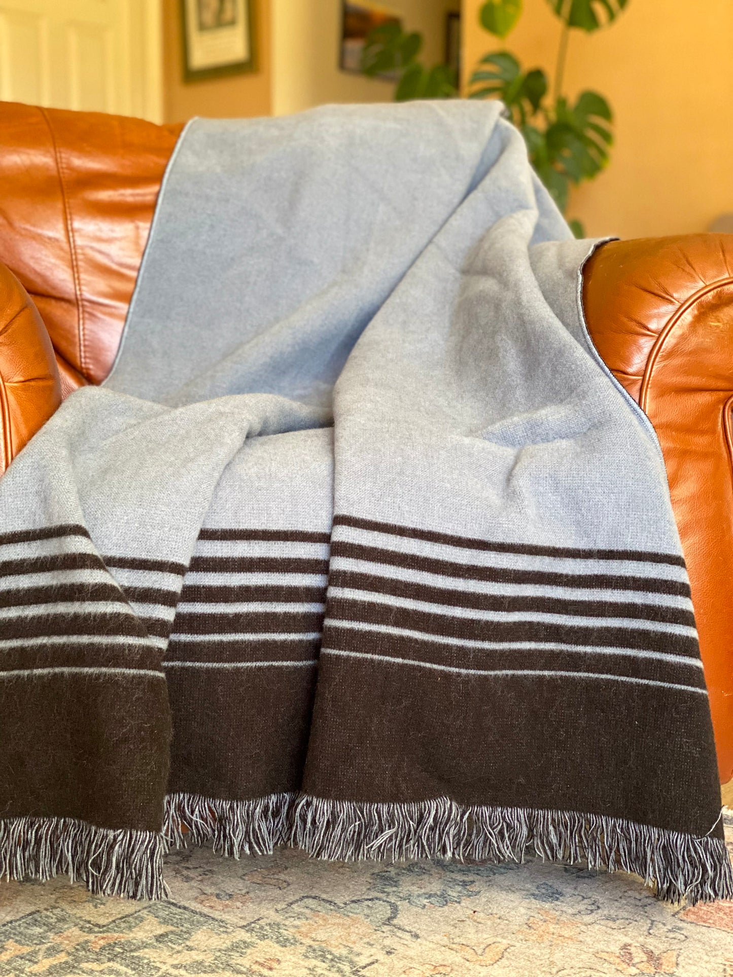 Black and Gray Woven Microfiber Striped Throw Blanket with Fringe
