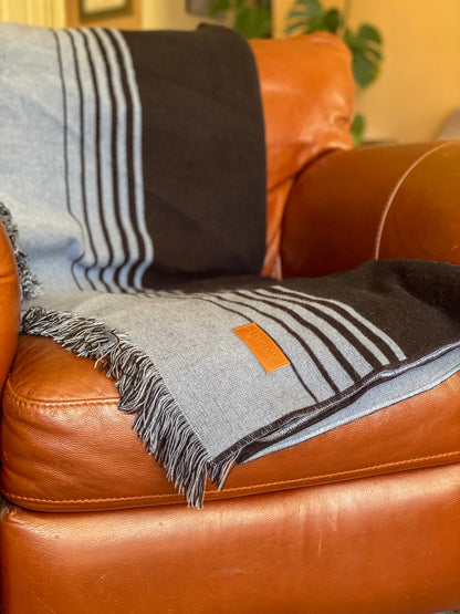 Black and Gray Woven Microfiber Striped Throw Blanket with Fringe